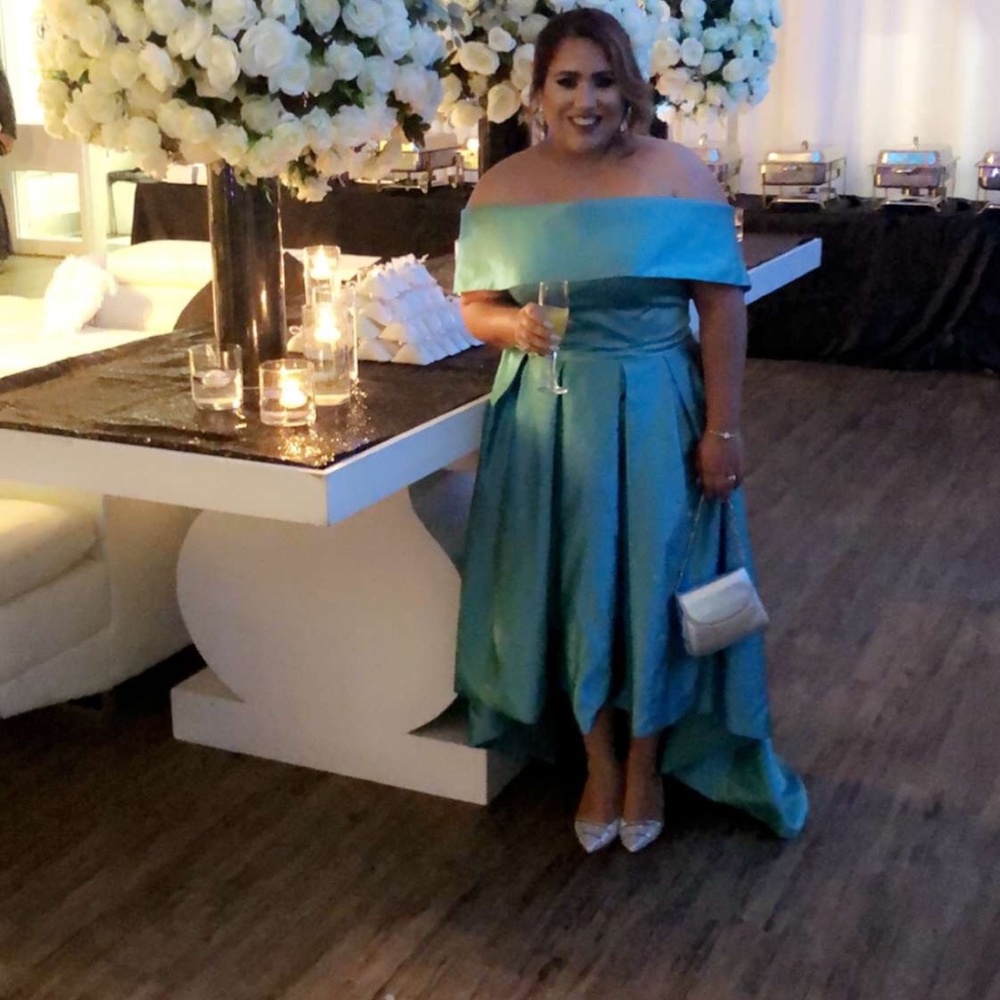 Teal High low off shoulder dress